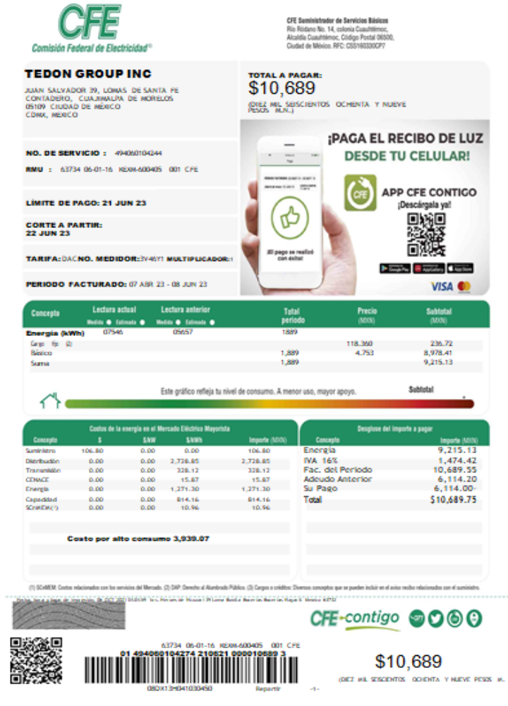 Federal Electricity Commission (CFE) utility bill SCR page 1 PSD template